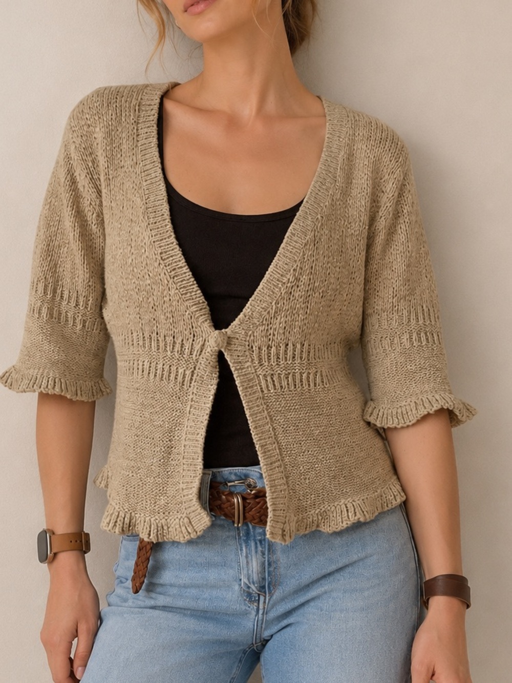 Vintage August Silk Tan Knit Ruffle Short Sleeve Shrug Cardigan Size Medium
